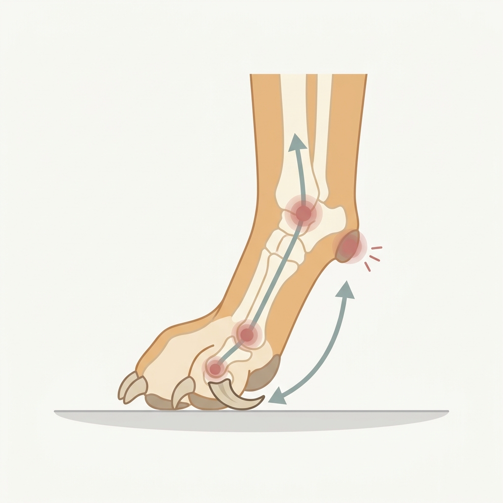 Illustration of an overgrown dog claw straining the toe joint and leg