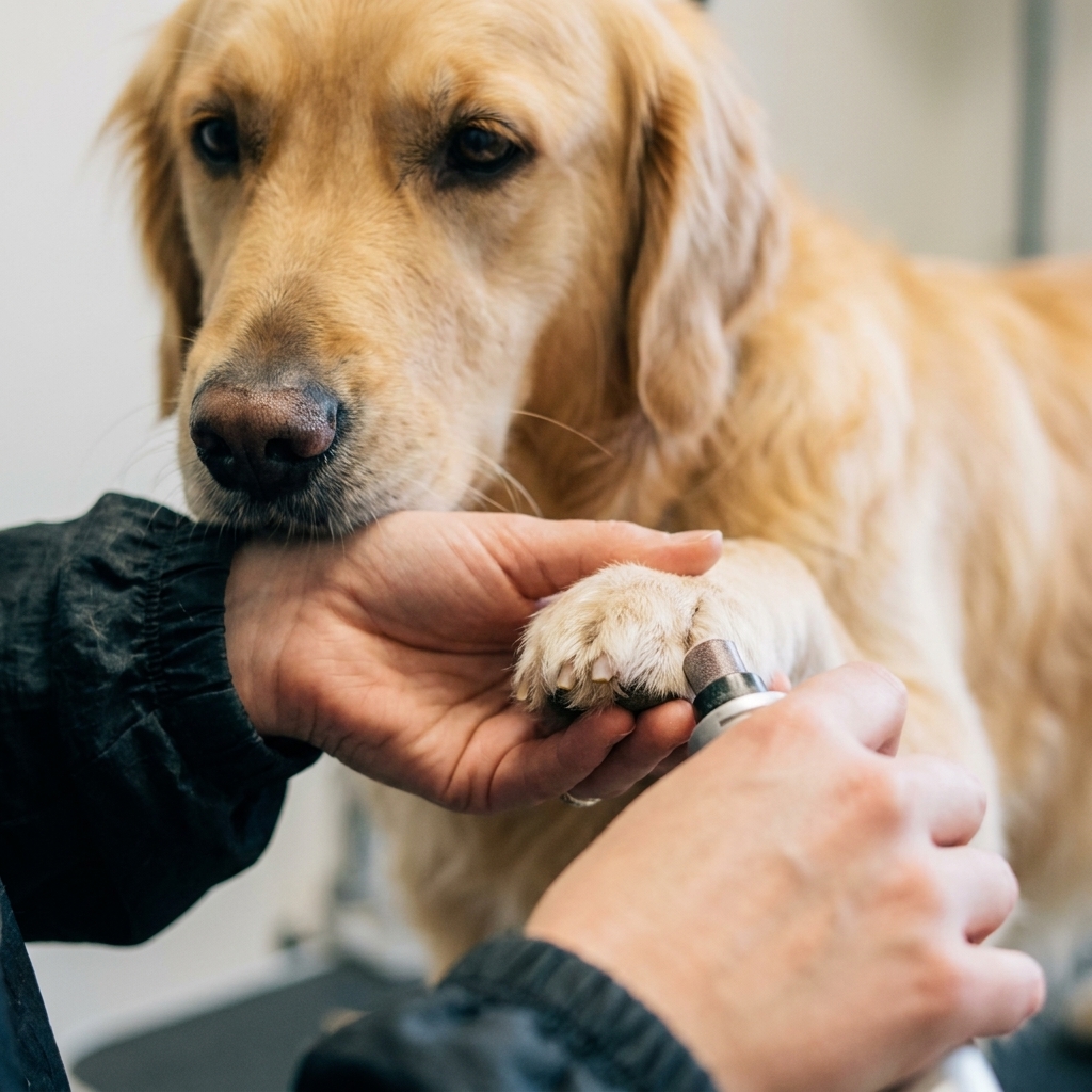 A calm golden retriever having one nail gently ground by a groomer's steady hands
