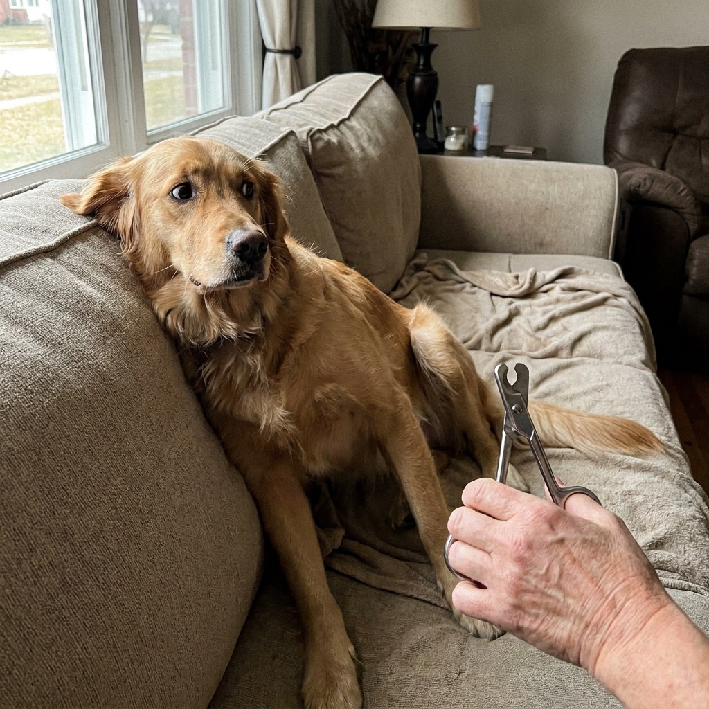 A nervous golden retriever leaning away from a hand holding nail clippers in a living room