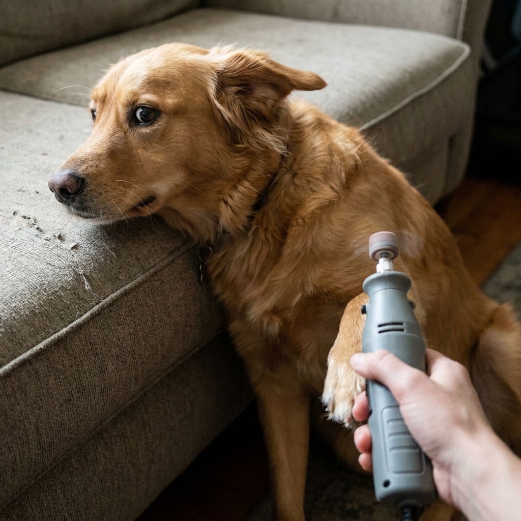 A dog turning away uneasily from a bulky, loud cheap rotary grinder