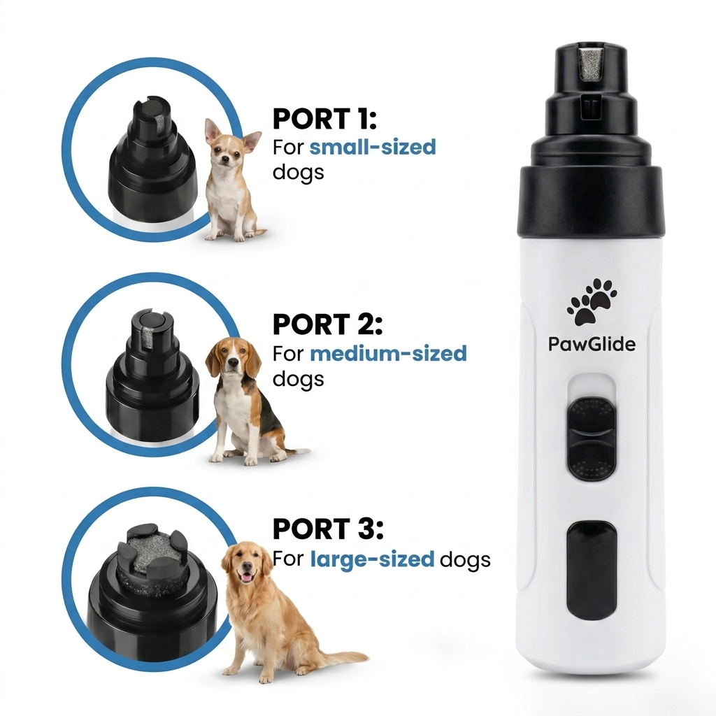 PawGlide Pro grinder with three sized ports for small, medium, and large dogs