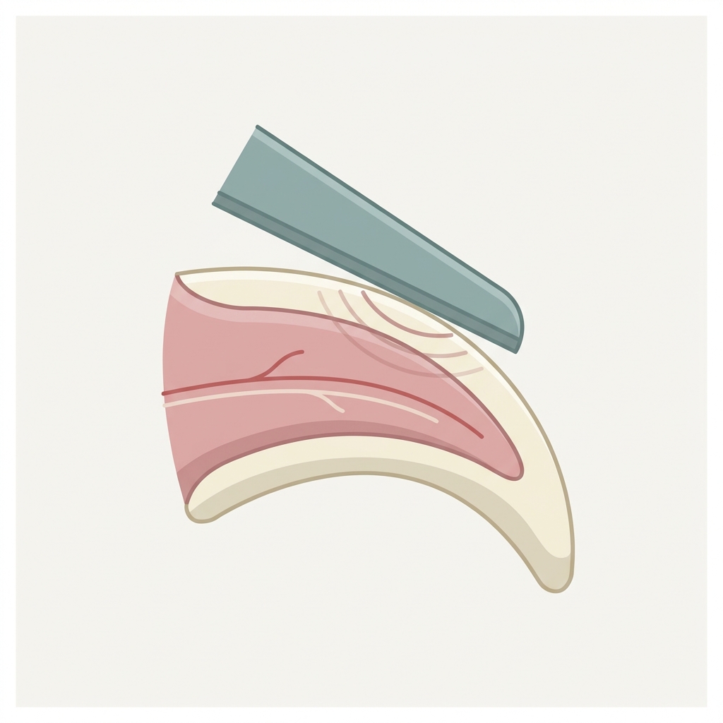 Cross-section of a dog's nail showing the pink quick inside, with a clipper blade above it