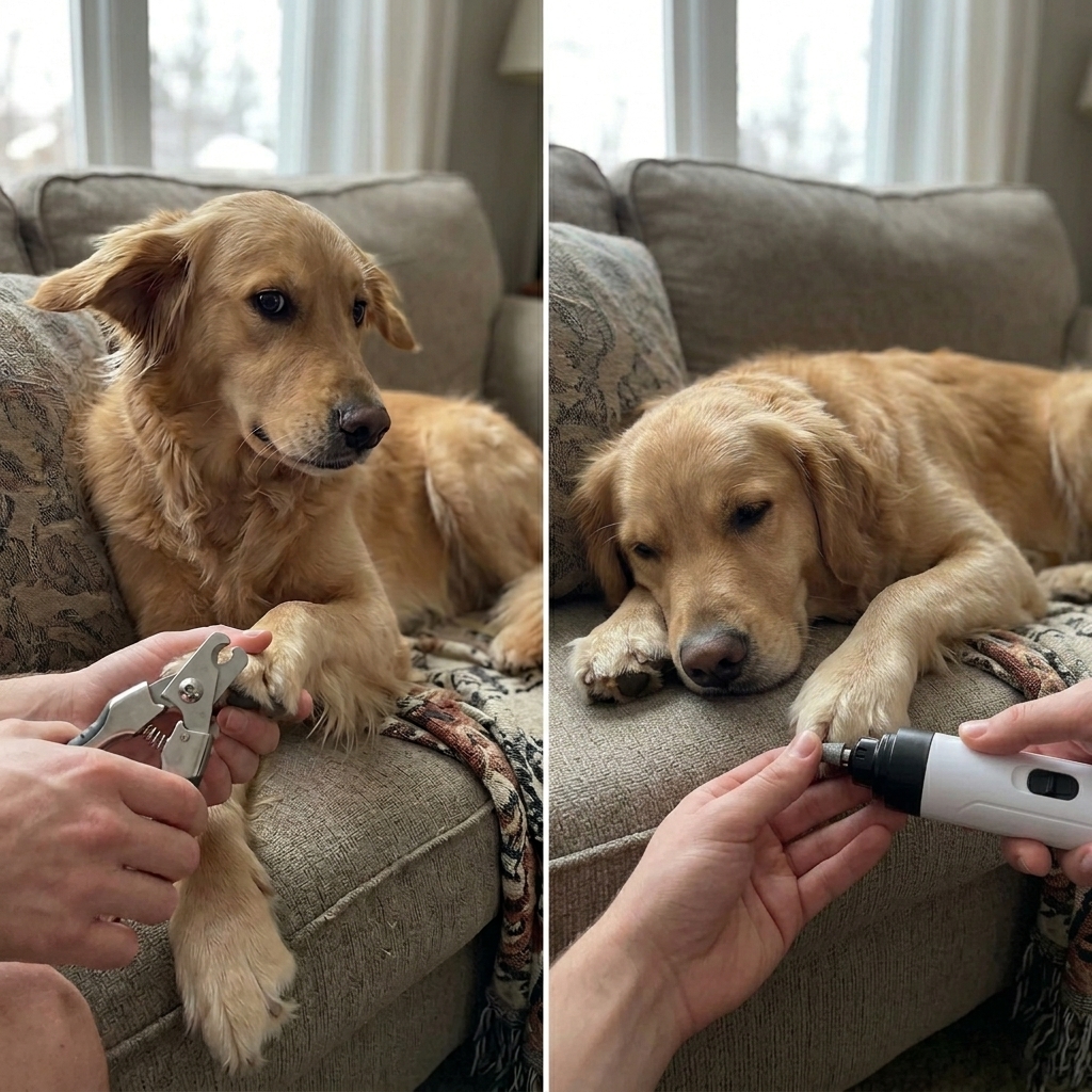 Before and after &mdash; the same golden retriever tense with clippers, then calm and sleepy during a gentle grind