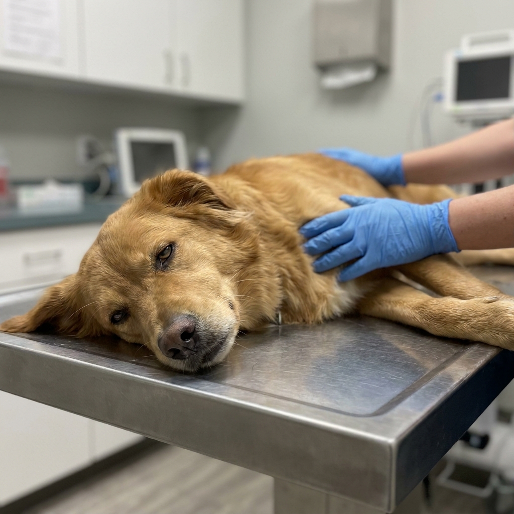 A groggy, sedated golden retriever lying on a stainless steel vet table